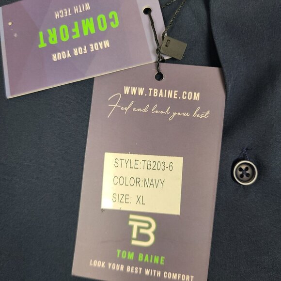 Tom Baine Performance Collection Slim Stretch Navy Blue Print Shirt XL 17-17 1/2 - Picture 4 of 7